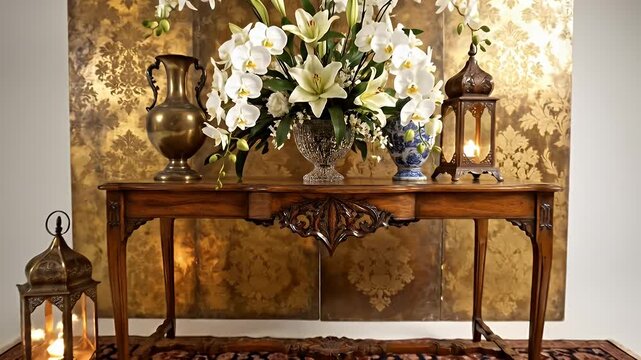 Elegant vintage wooden console table with a floral arrangement, gold damask backdrop, and an ornate Persian rug vignette