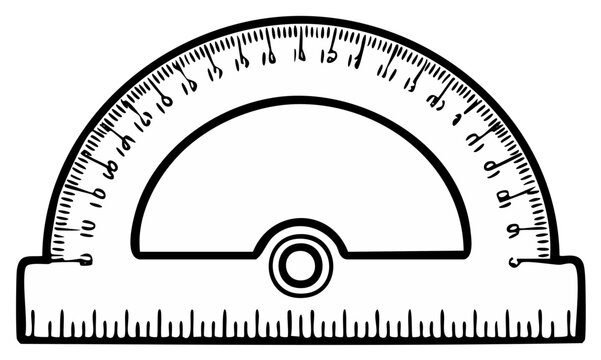 Black and white illustration of a semicircular protractor with clear measurement markings