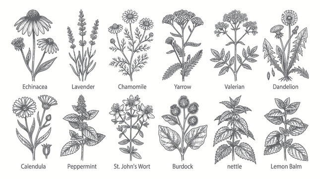 Collection of vintage hand drawn medicinal herbs and wild flowers