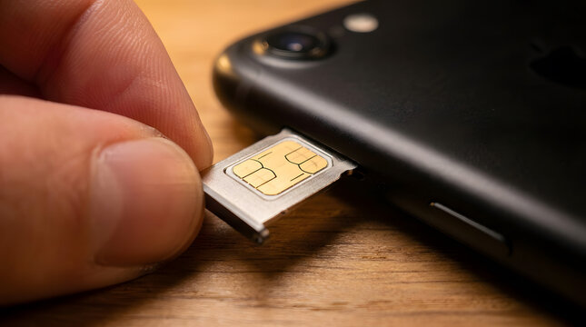 Close up of hand inserting nano SIM card tray into smartphone | Micro SIM card installation into mobile phone slot | Electronic data connection chip being inserted into cellular device | Technician 