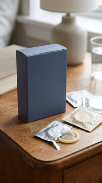 condom box and individual wrappers on wooden table
