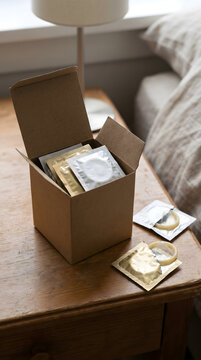 condom box on nightstand with open packages