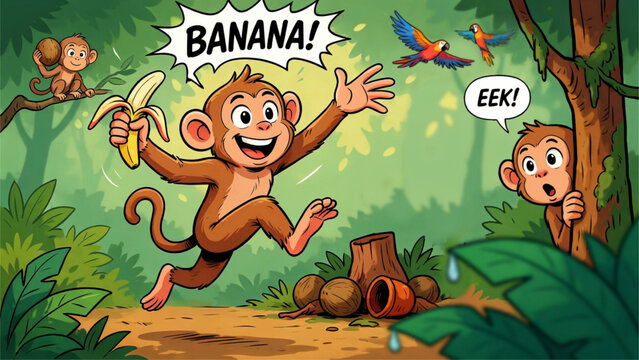 Two cartoon monkeys playing with a banana in a tropical forest Vector