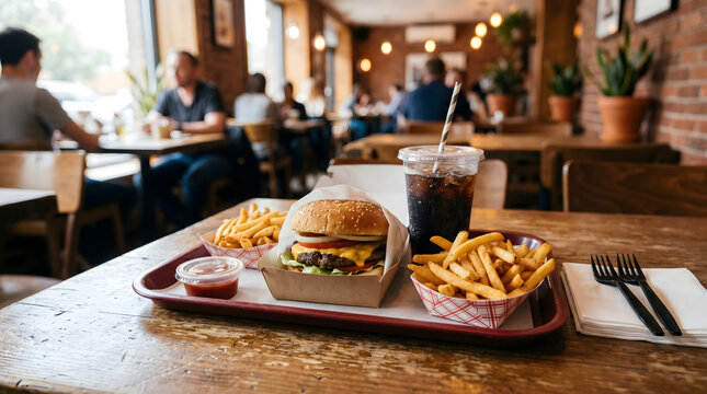 burger and fries meal with soda in restaurant