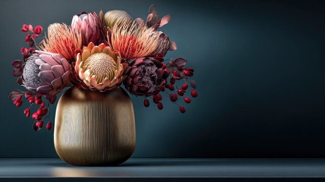 Exotic floral arrangement featuring proteas and berries displayed in a ribbed metallic vase against a dark backdrop