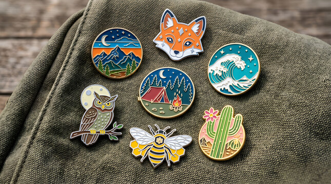 collection of enamel pins with nature designs