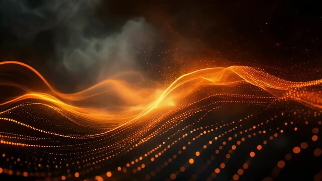 Abstract glowing orange wave of particles and light on a dark background