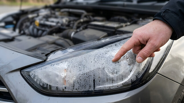Mechanic checking car headlight isolated on transparent background