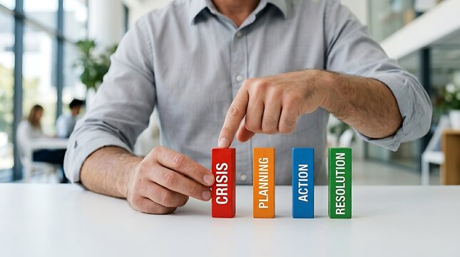 Crisis planning action resolution concept with businessman stopping domino effect using colorful wooden blocks