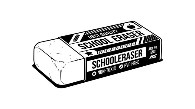 An illustration of a school eraser with bold lettering on its wrapper. The eraser is white and rectangular with a black base and a black, white, and grey wrapper with text and design elements.