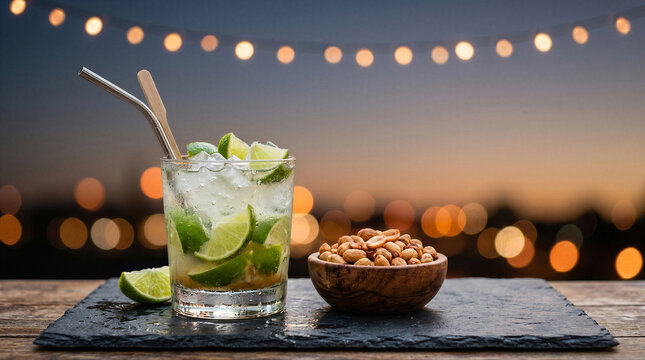 Refreshing caipirinha cocktail with lime wedges and ice in a glass, served with a bowl of roasted peanuts on a rustic wooden table