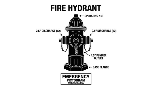 A diagram of a fire hydrant with labels indicating its various parts, such as the operating nut, discharge outlets, and base flange