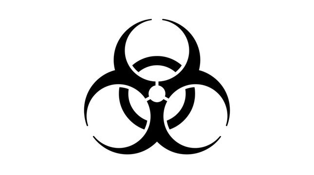 A stark black biohazard symbol on a white background. This universal symbol warns of biological dangers and potential contamination