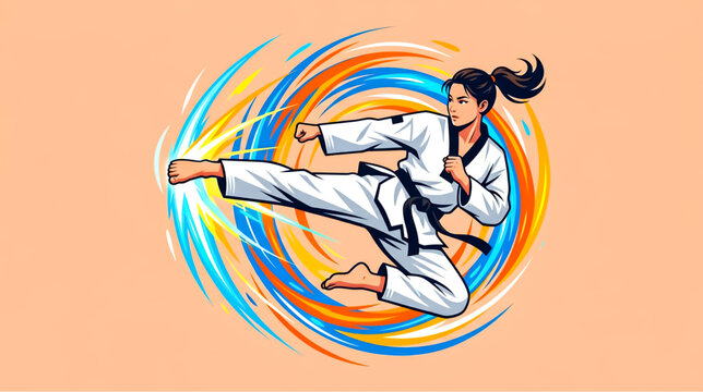 Taekwondo Athlete Performing Powerful Spin Kick Vector Illustration