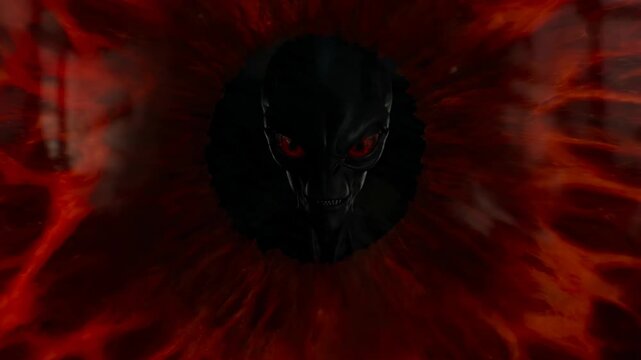 Close up of glowing red alien eye transitioning to reveal a terrifying creature with sharp teeth. Cinematic horror animation portraying a sinister monster emerging from darkness for a Halloween.