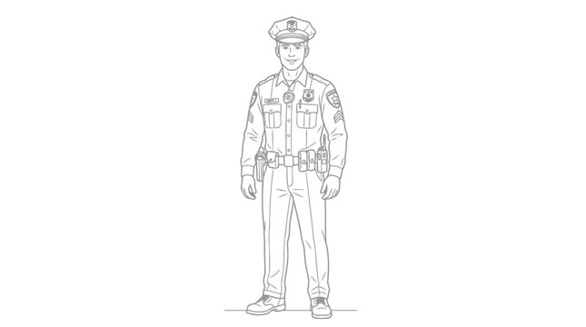 A police officer stands at attention in a clean, outline drawing. The officer is wearing a uniform, cap, and utility belt
