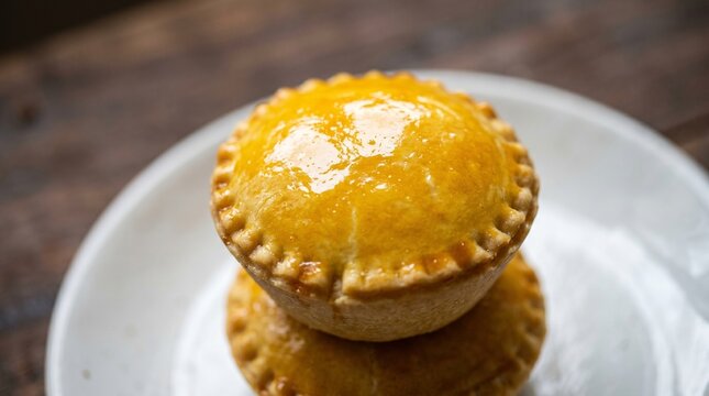 Commercial close-up food photography of a pile of traditional Brazilian empadas mini savory pies with a golden egg-washed crust served on a white ceramic plate &ndash; premium bakery branding, snack adverti