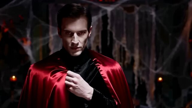 Vampire man in red cape standing inside dark haunted room. Mysterious gothic count looking at camera. Spooky Halloween costume character with cobweb background for party. Scary horror legend concept.