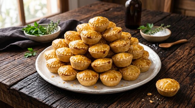 Commercial close-up food photography of a pile of traditional Brazilian empadas mini savory pies with a golden egg-washed crust served on a white ceramic plate &ndash; premium bakery branding, snack adverti
