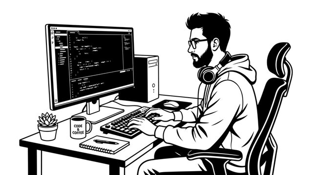 A man with glasses and a beard is sitting at a desk in front of a computer, typing on the keyboard. He is wearing a hoodie and has headphones around his neck. The computer screen shows code.