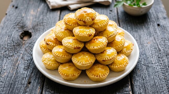 Commercial close-up food photography of a pile of traditional Brazilian empadas mini savory pies with a golden egg-washed crust served on a white ceramic plate &ndash; premium bakery branding, snack adverti