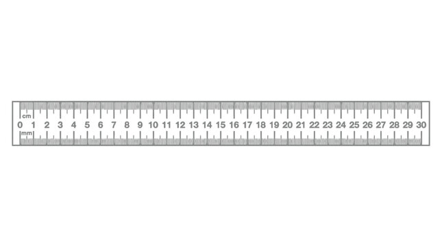 A metallic ruler with centimeter and millimeter markings, from 0 to 30cm