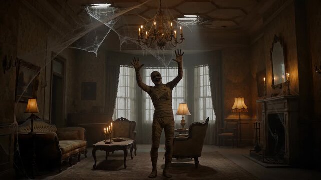 Mummy standing in dark room for Halloween. Scary monster wrapped in bandages raising hands inside haunted mansion with spider.
