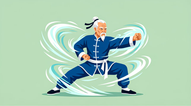 Traditional Kung Fu Martial Arts Master Low Stance Vector Illustration