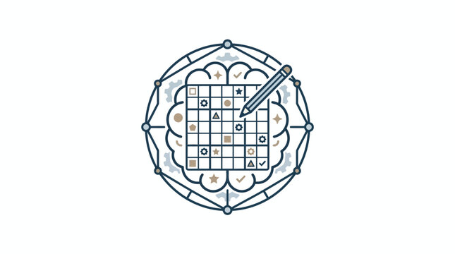 Brain Logic Puzzle Icon with Pencil and Grid