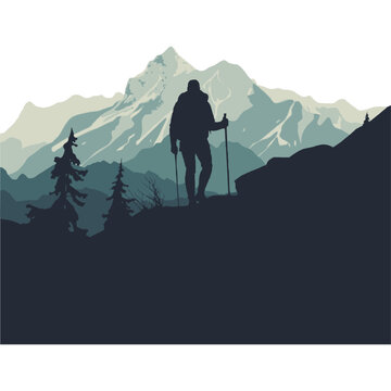 Hiker silhouette walking in mountain landscape