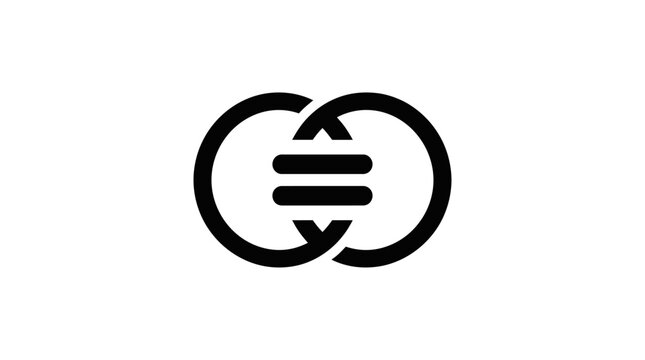 A minimalist black icon featuring two interlocking circles with an equals sign in the center.