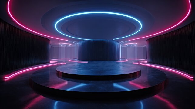 Curved modern interior space illuminated by vibrant cyan and magenta strip lighting