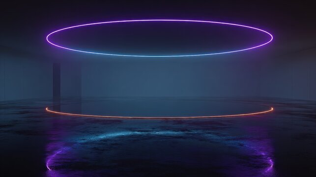 Glowing neon rings illuminate a dark, atmospheric stage with reflective flooring