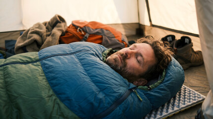 Fototapeta premium Man sleeping in a tent in a sleeping bag