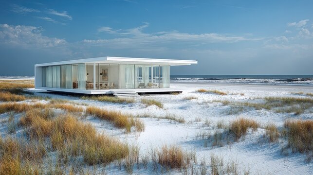 Modern minimalist residence sits elevated above sandy dunes near the ocean shoreline