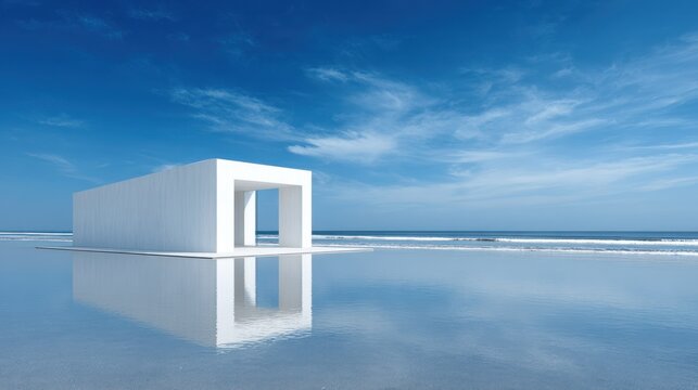 Minimalist white structure stands centered upon calm reflective water beneath a bright blue sky