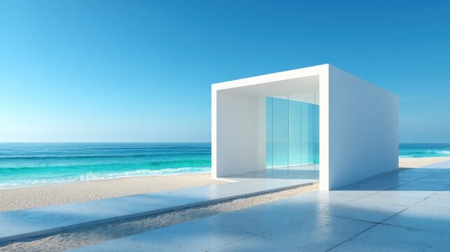 Minimalist white structure frames vibrant turquoise ocean view on sunny beach