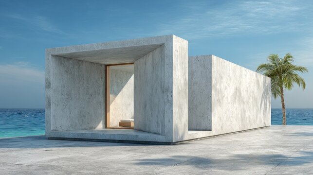 Modern minimal concrete structure offers shelter beside clear blue ocean waters under bright sky