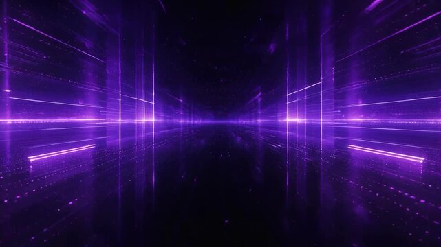 Futuristic digital tunnel with glowing purple light streaks and particles