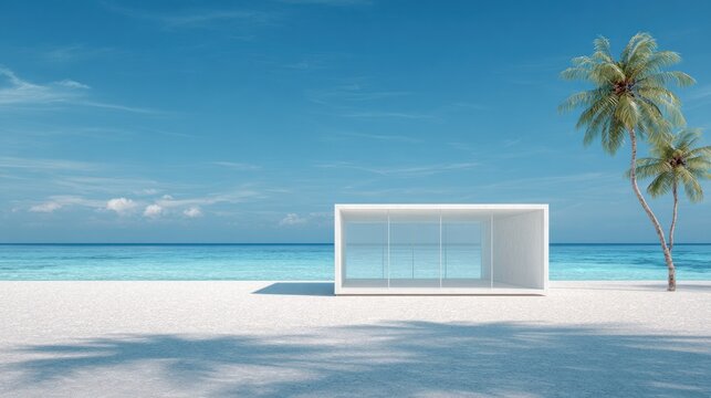 Minimalist white structure sits on a bright sandy beach beside turquoise ocean water under a clear blue sky.