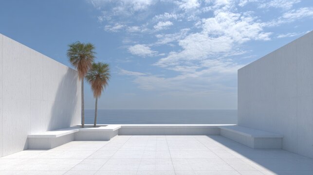 Minimalist white terrace opens to expansive ocean view beneath a bright blue sky