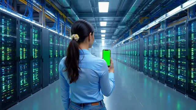 Woman in server room with phone