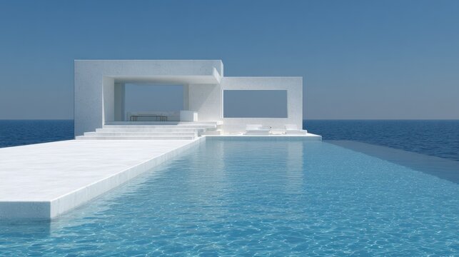 Minimalist white architecture borders a reflective infinity swimming pool merging with the horizon