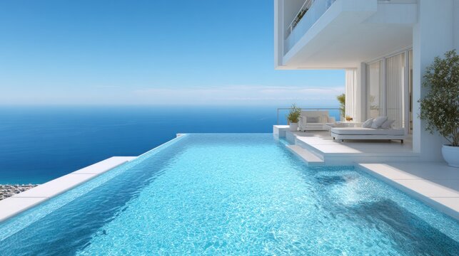 Modern infinity pool overlooks vast blue ocean expanse under clear sky