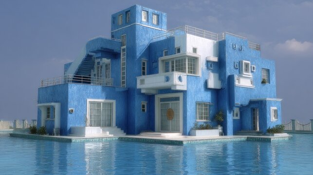 Modern residential structure featuring bright blue exterior walls sits partially submerged in clear water under a pale sky.