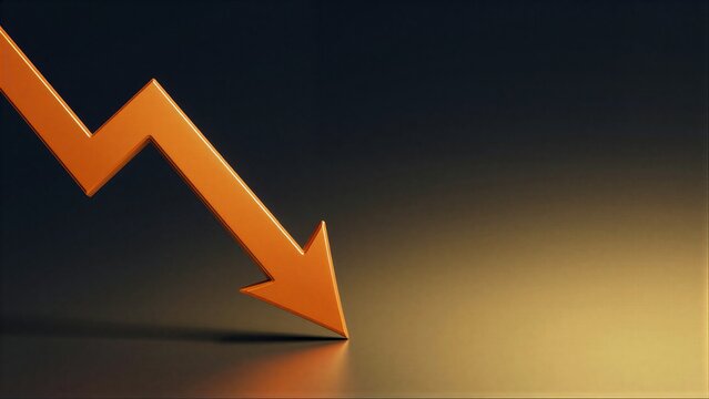 Golden downward arrow symbolizes decline, loss, or negative trend against dark gradient background.