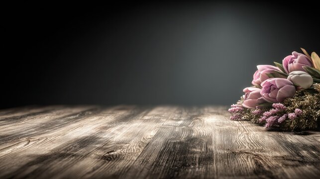 Beautiful pink flowers rest upon a rustic wooden surface against a dark background