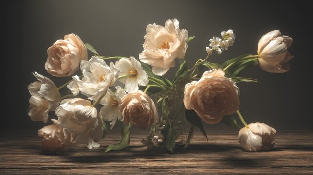 Delicate pale flowers arranged in a glass vase rest upon aged wooden surface under dramatic lighting