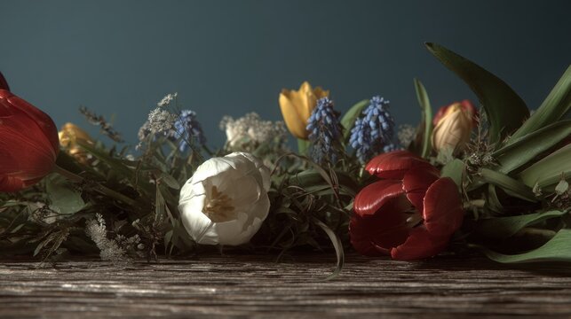 Assortment of colorful springtime blossoms rests upon a weathered wooden surface against a dark backdrop