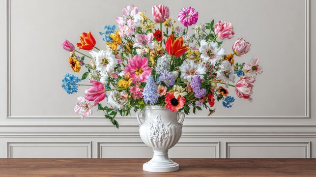 Opulent arrangement of diverse fresh blooms displayed in a classical urn upon a polished wooden surface.